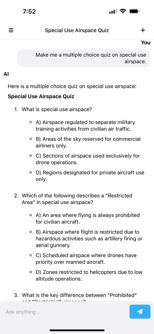 Aviator Intelligence generating a multiple choice quiz on special use airspace with answer choices