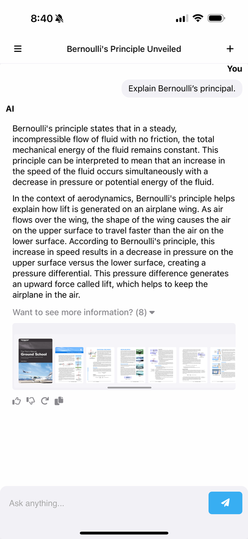 Aviator Intelligence explaining Bernoulli's principle with ASA textbook source cards
