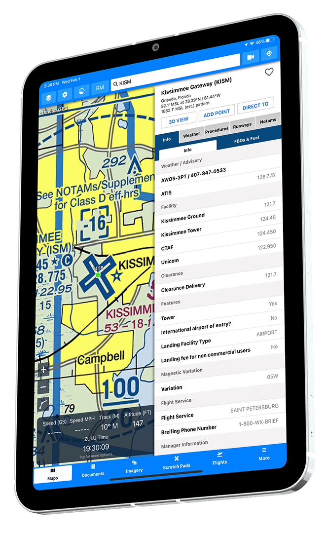 Airport information screen showing runway data, frequencies, and performance calculations