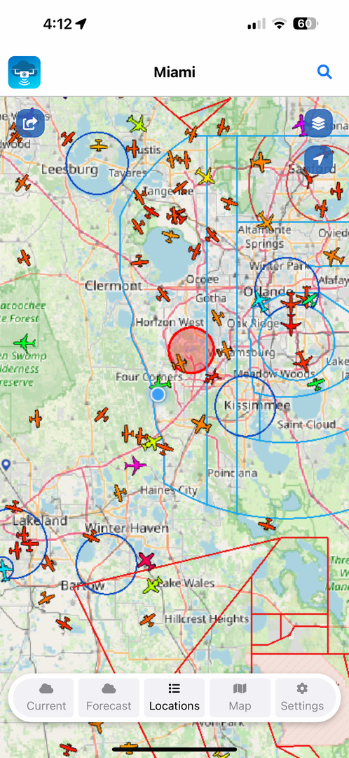 UAV Weather map showing airspace boundaries, TFRs, and live aircraft traffic for drone operators