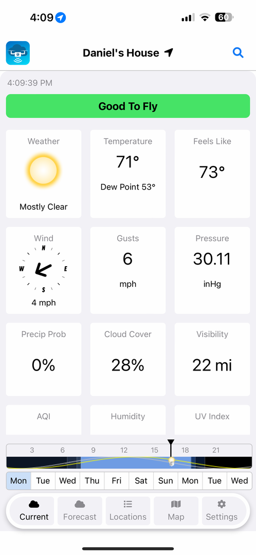 UAV Weather current conditions showing Good To Fly status, wind speed, gusts, and low-altitude data