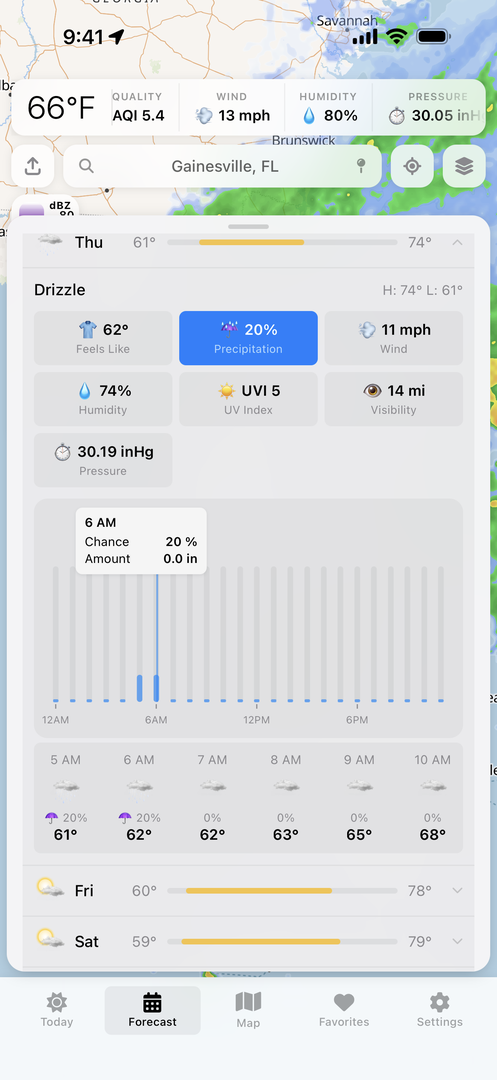 Vortix Pro 10-day forecast panel with hourly breakdown and precipitation chart