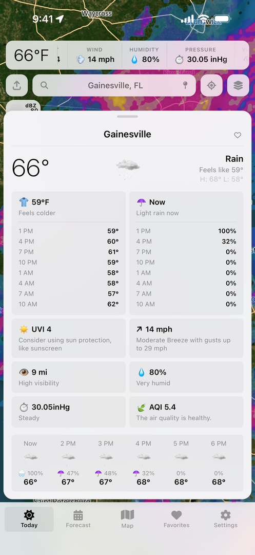 Vortix Pro current conditions panel showing temperature, UV, wind, humidity, pressure, and AQI
