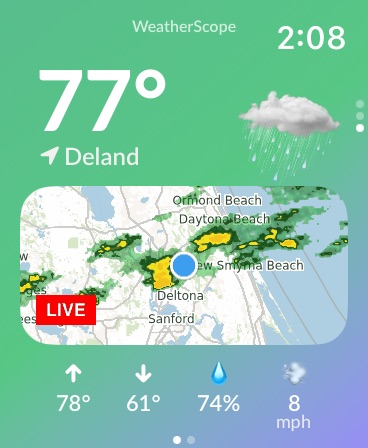 WeatherScope on Apple Watch displaying live radar imagery, current temperature, and weather conditions on the wrist