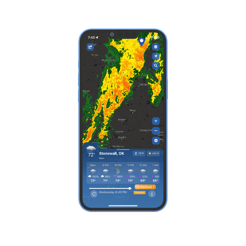 Live weather radar overlay showing precipitation intensity and storm cells along a flight route